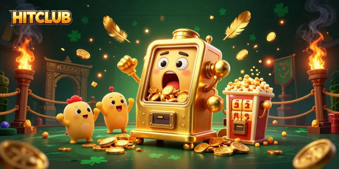 HITCLUB brings excitement as a golden slot machine celebrates a jackpot win with cheering companions and festive decorations.