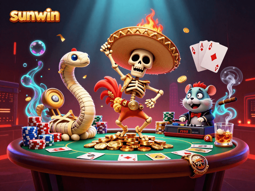 Join the fun with sunwin featuring a mariachi rooster, mummy snake, and zombie DJ in a colorful casino scene.