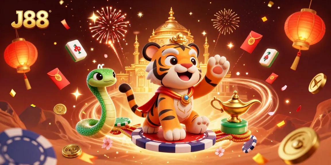 Win big with J88 in a vibrant Arabian-themed casino scene filled with magical elements.