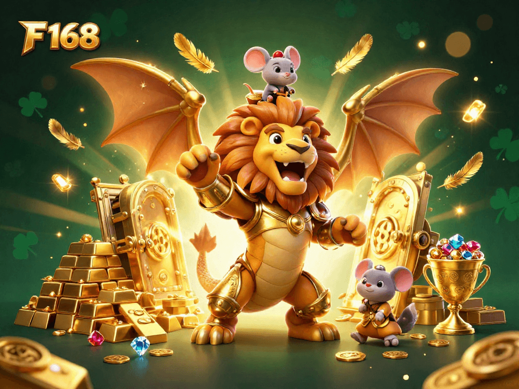 Experience thrilling gameplay at F 168 with a vibrant illustration showcasing golden treasures and characters