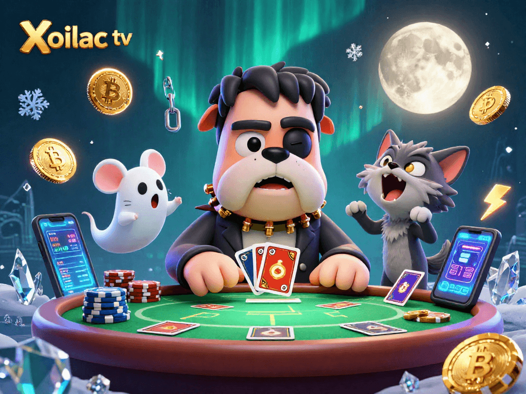 Xoilac tv card dealing between 3D characters and cryptocurrency elements in a vibrant casino setting.
