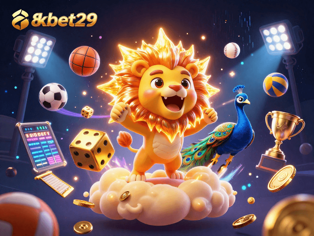 8kbet29 features a triumphant sun lion and golden dice amidst dynamic sports elements
