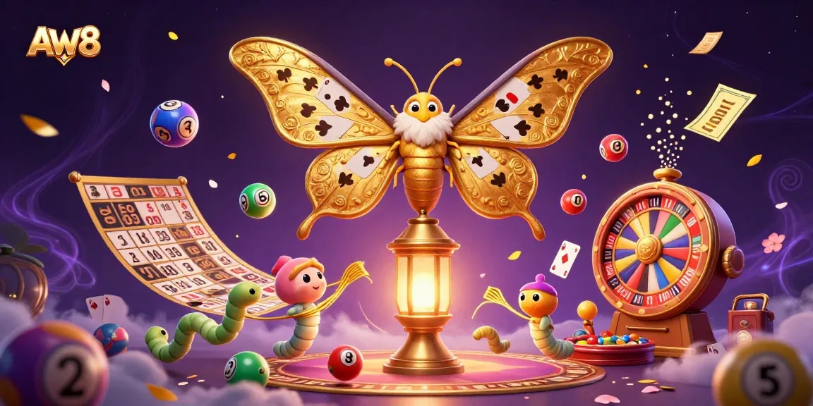 AW8 showcases an immersive live casino scene with colorful elements and a captivating moth illustration.
