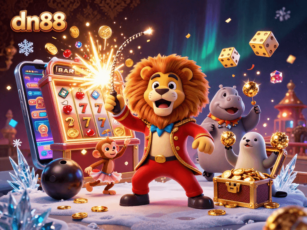 Spin to win at dn88 casino with a vibrant 3D scene of cartoon characters and jackpot excitement.
