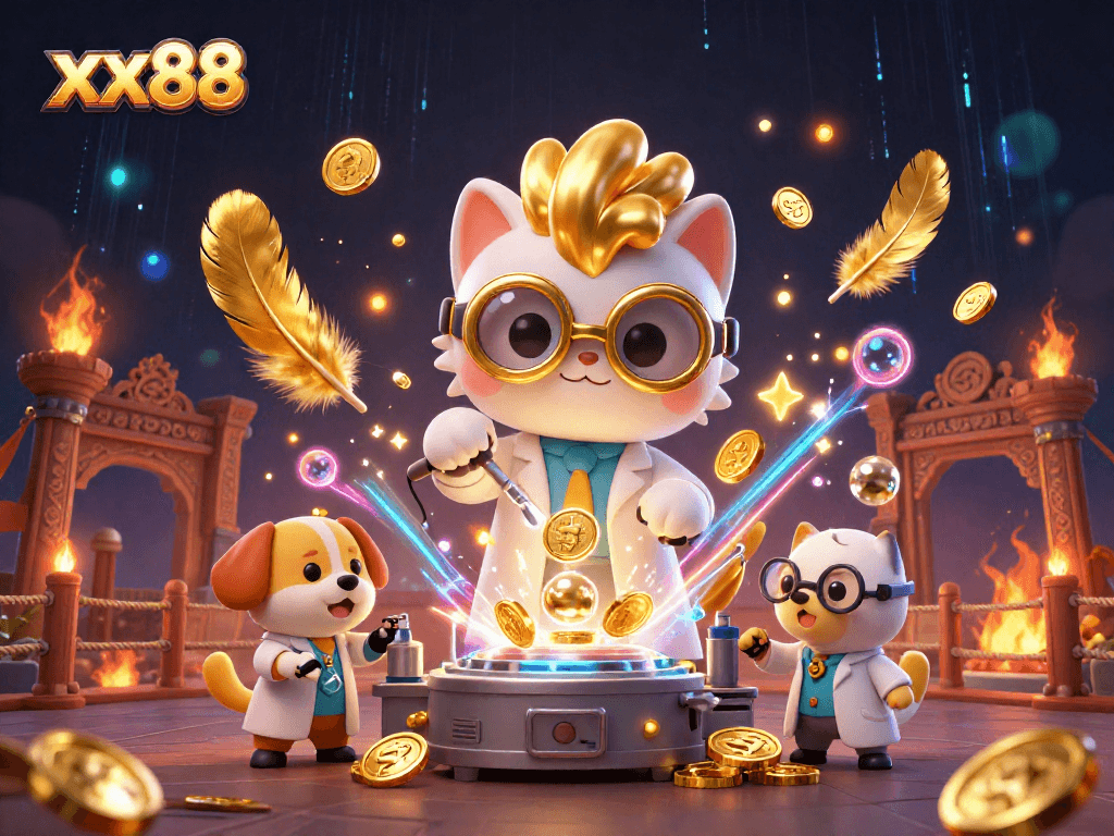 Spin and win big at xx88 casino featuring 3D mad scientist cat and dog amidst gaming adventures.