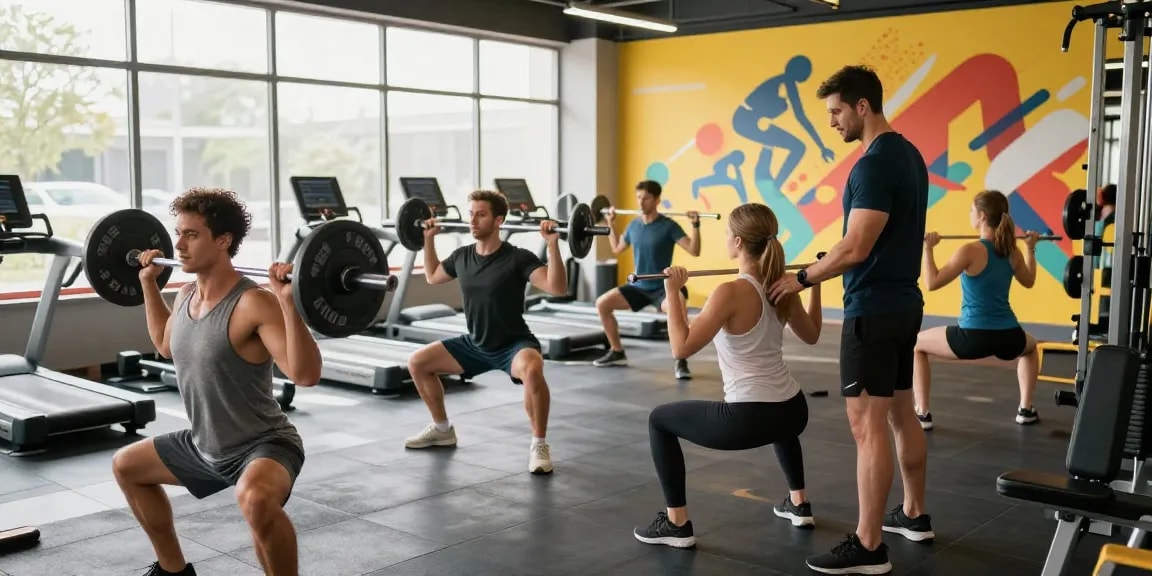 Actieve fitnessomgeving met sporters en trainers bij Unique Pharma Shop, energieke sfeer en modern gymmeubilair.