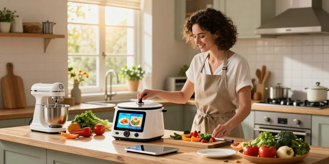 Home cook preparing a meal with AI cooking gadgets, showcasing modern kitchen innovations and fresh ingredients.