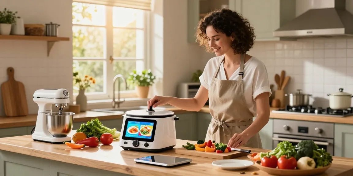 Home cook preparing a meal with AI cooking gadgets, showcasing modern kitchen innovations and fresh ingredients.