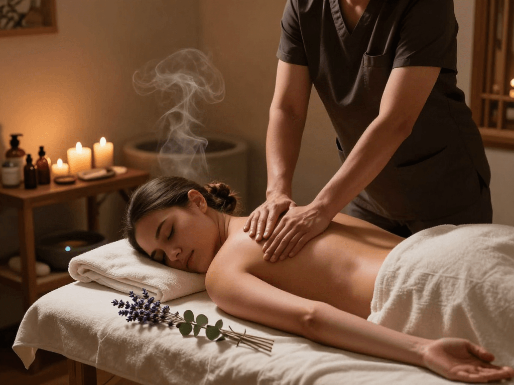 Relaxing 용인출장마사지 session in a tranquil spa environment with a therapist using organic oils.