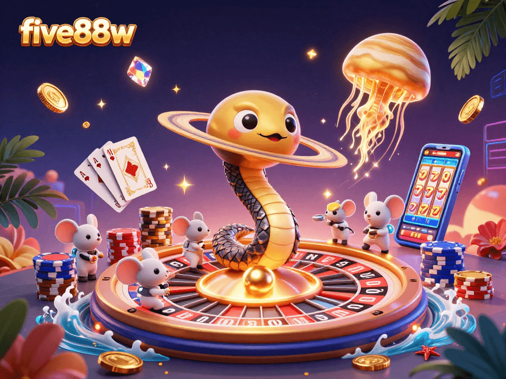 Experience five88w excitement with astronaut mice betting on a cosmic roulette wheel in a vibrant casino scene.