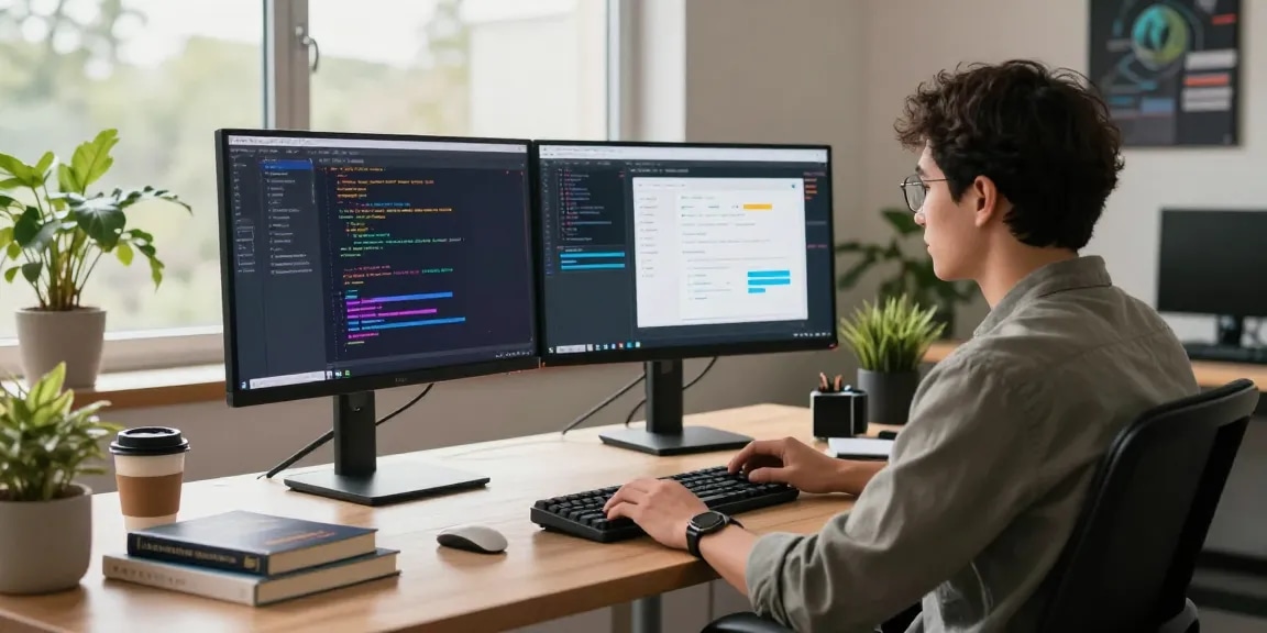 Build internal tools with AI in a vibrant modern workspace, showcasing coding and collaboration.