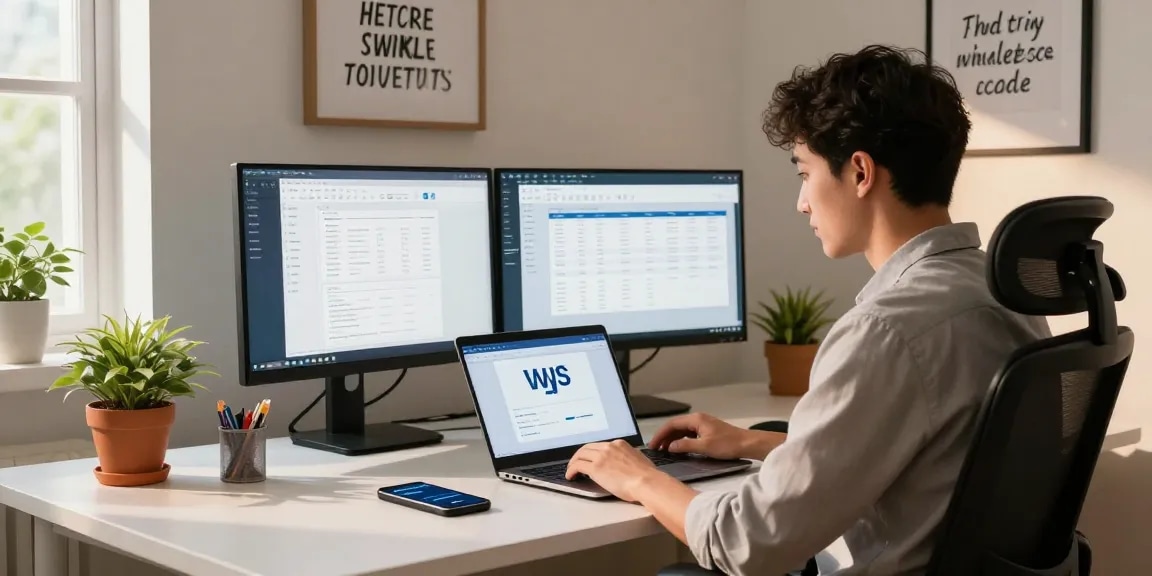 Downloading WPS Office in a modern home office with dual monitors and productivity elements.