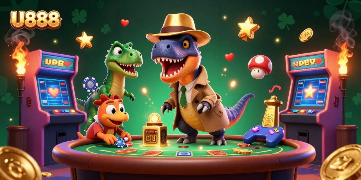 U888 showcases a velociraptor card counter, suspicious pit boss, and a pickpocket at a casino table.
