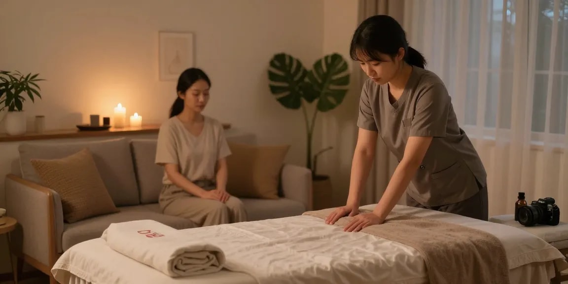 Relaxing 구로출장마사지 session setup with professional therapist and soothing atmosphere.