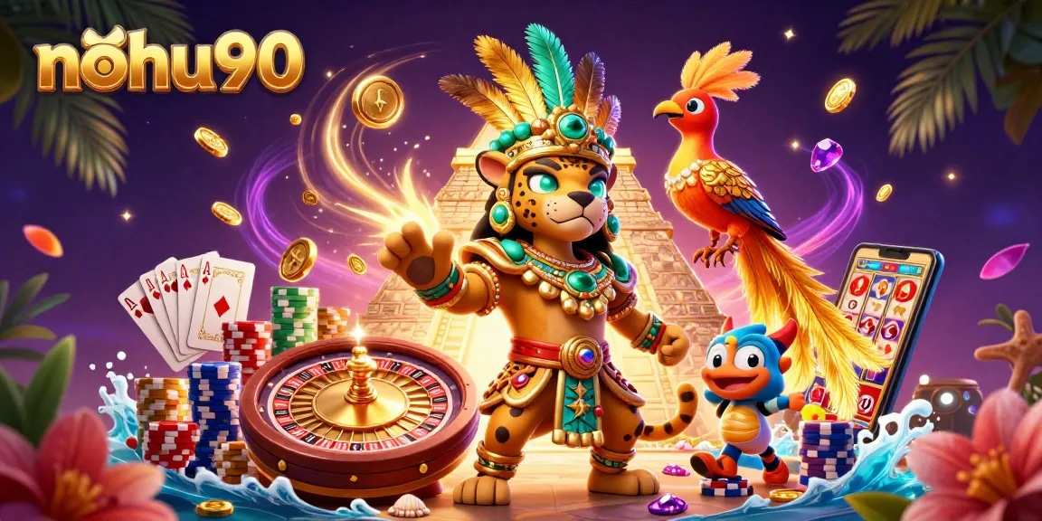 Engage in the captivating world of nohu90 with a vibrant 3D casino scene featuring a Mayan jaguar priest.