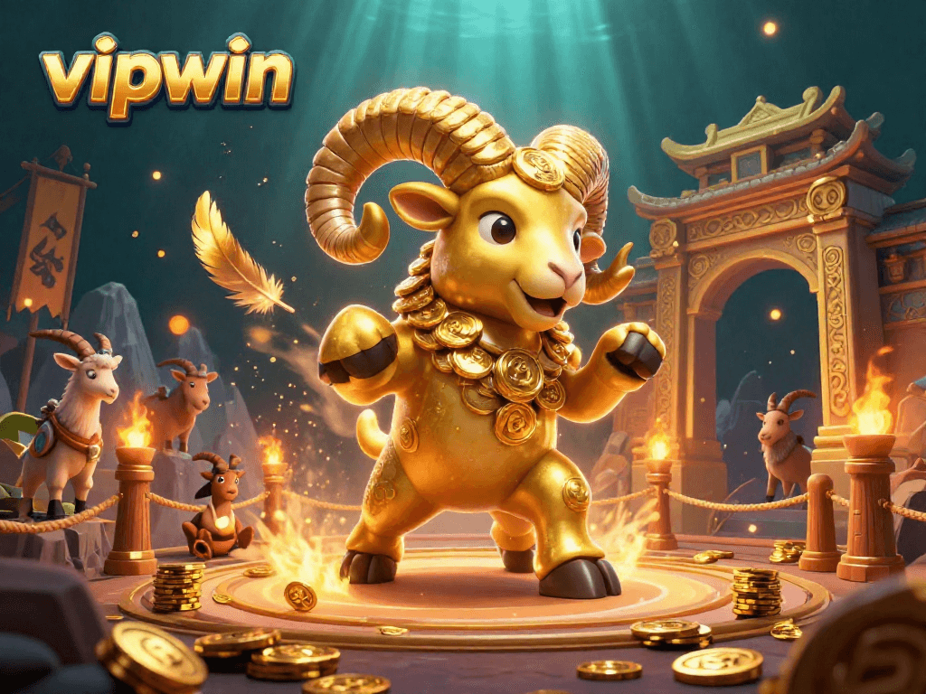 Engage with vipwin’s thrilling casino experience featuring a golden ram charging through the gates of fortune.