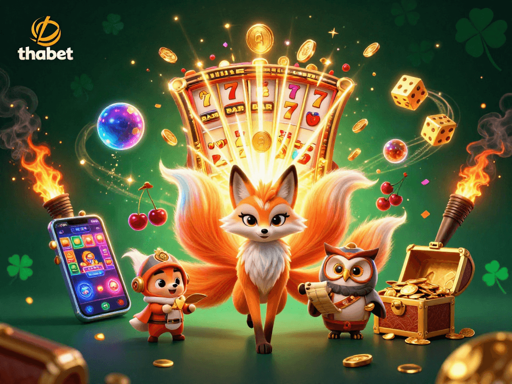 Experience thrilling gaming with thabet, featuring a colorful slot machine bursting with coins.