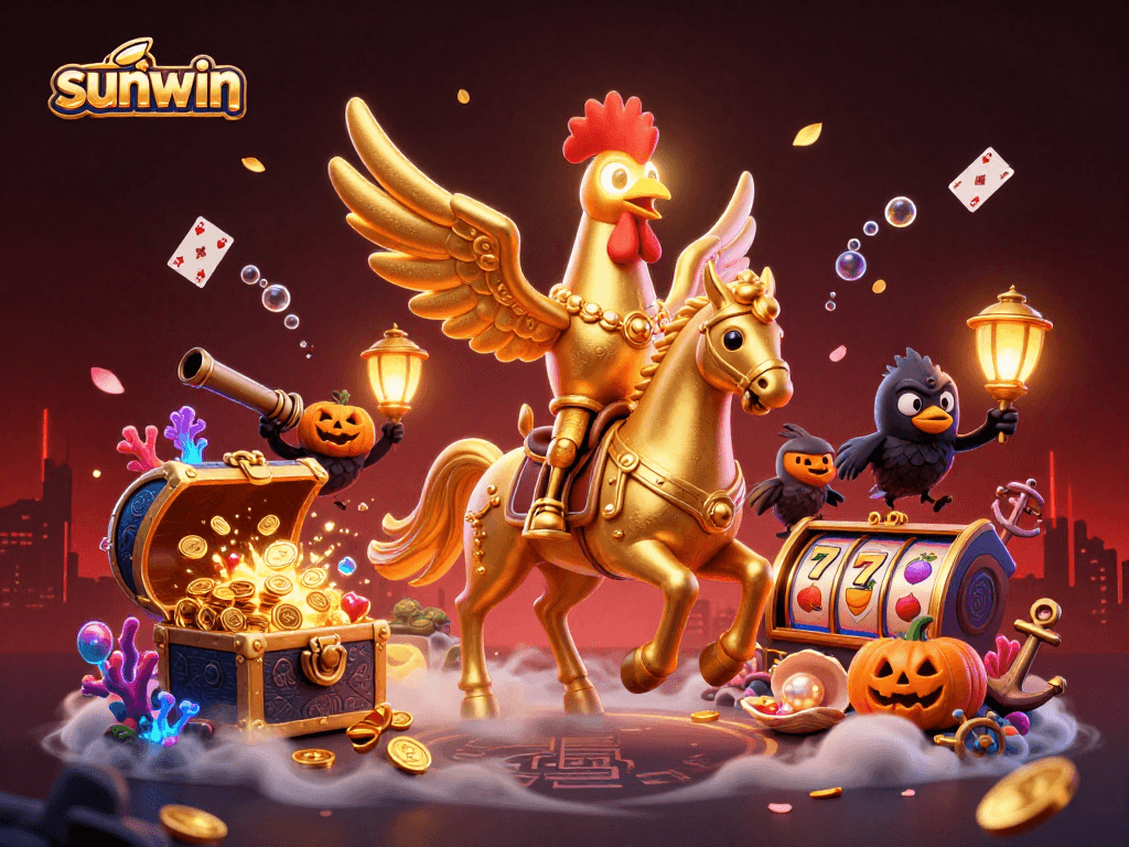 Experience the thrilling casino adventure of sunwin with a golden rooster gambling in a mystical scene.