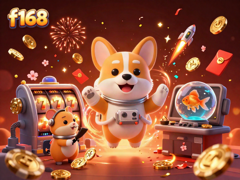 Experience the excitement at f168 casino with a cartoon astronaut corgi and friends amidst drifting poker chips and jackpots.