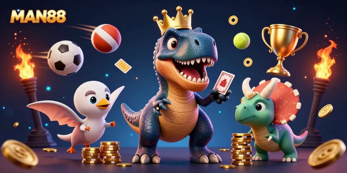 Engage with MAN88 as shown in a vibrant scene with friendly T-Rex shuffling cards and chips stacking in a casino.