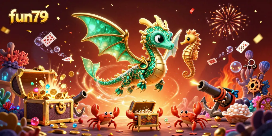 Win big with fun79's exciting gaming atmosphere featuring emerald sea dragon surrounded by treasures.