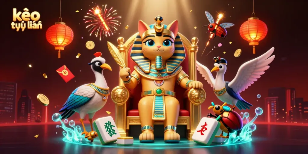 Engage with kèo trực tuyến as cartoon Egyptian pharaoh cat joins the throne, amid vibrant casino elements.