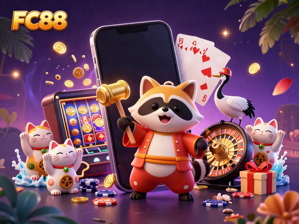 Experience the vibrant world of FC88 with a cheerful tanuki and festive characters celebrating casino luck.