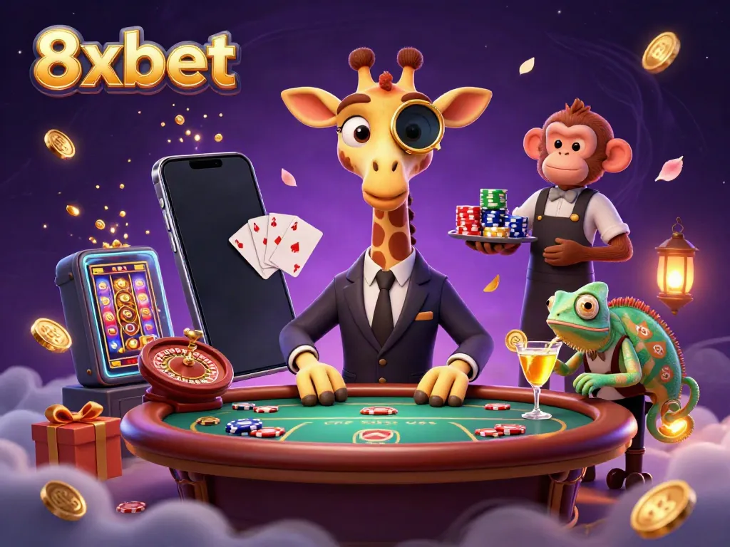 Experience the thrill of 8xbet with a high-roller giraffe at a VIP poker table, enhanced by a vibrant casino atmosphere.