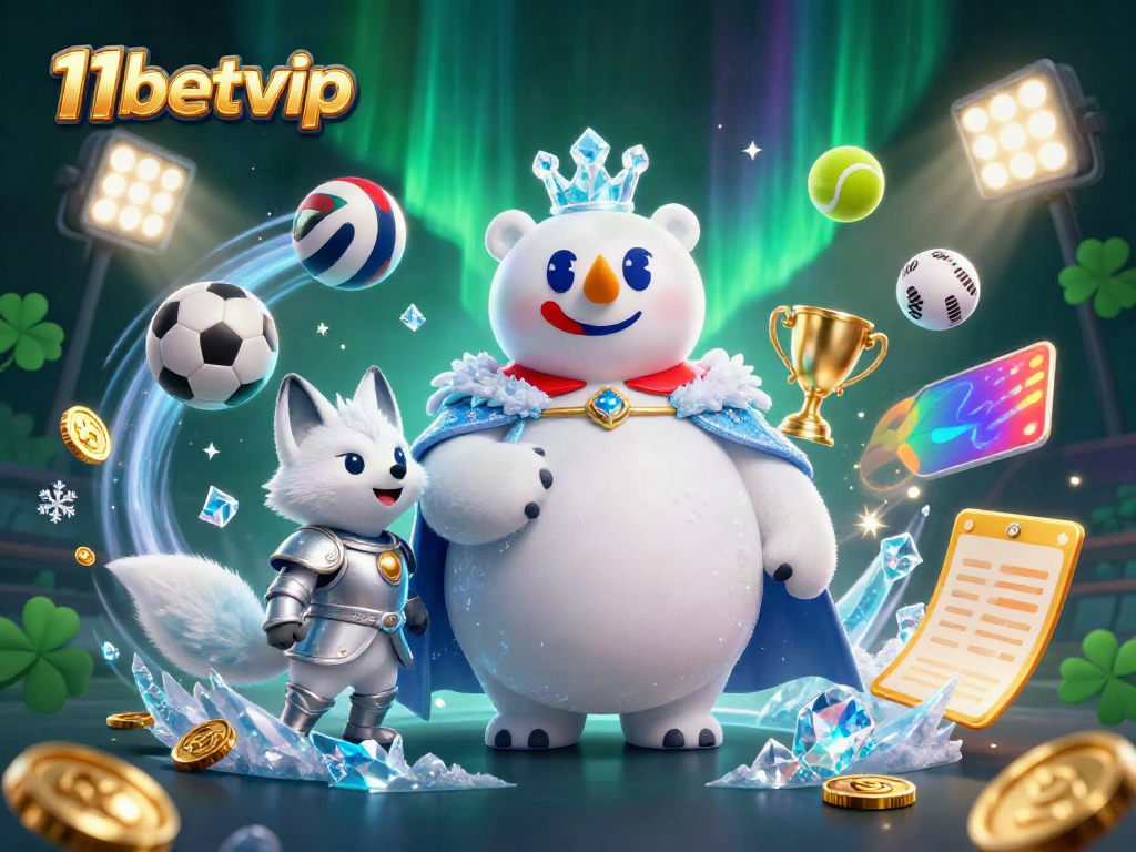 Experience the excitement of 11betvip with this dynamic 3D illustration featuring a polar bear king and sports elements.