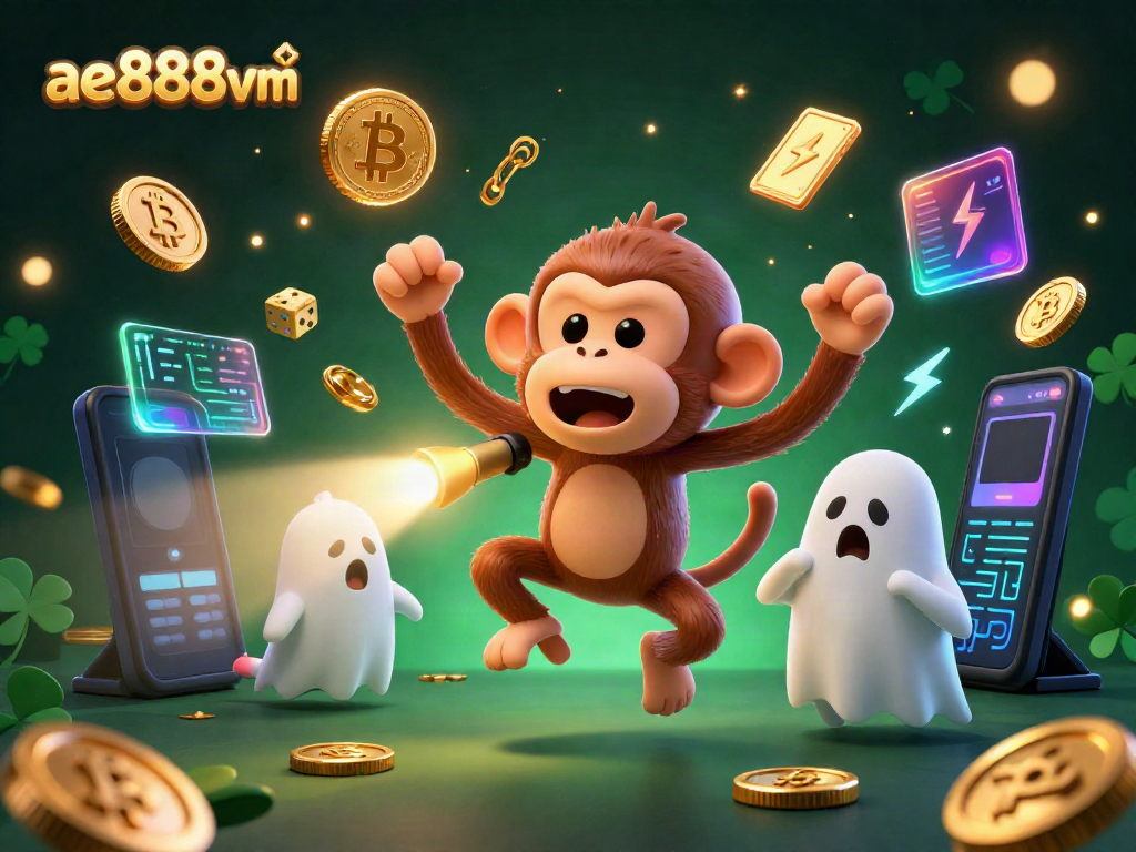 Engage in thrilling casino gaming with ae888vm, showcasing a mischievous monkey and curious puppy in a neon-lit environment.