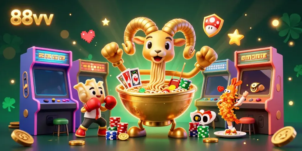 Experience gaming excitement with 88vv's dynamic casino scene featuring vibrant characters and elements.