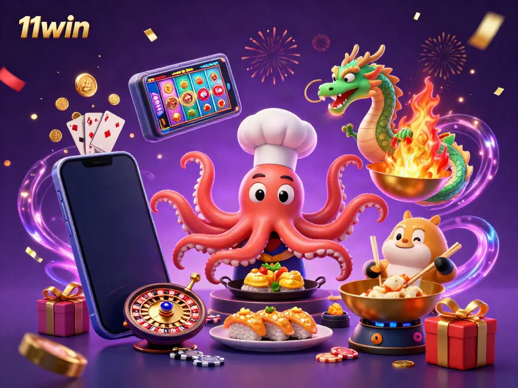 Spin for jackpots at 11win with a lively scene featuring a chef octopus and dragon in a colorful casino.