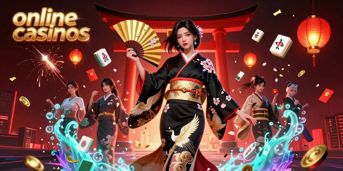 Engage in thrilling online casinos with a festive scene of an elegant Asian woman surrounded by mahjong tiles and rich decorations.
