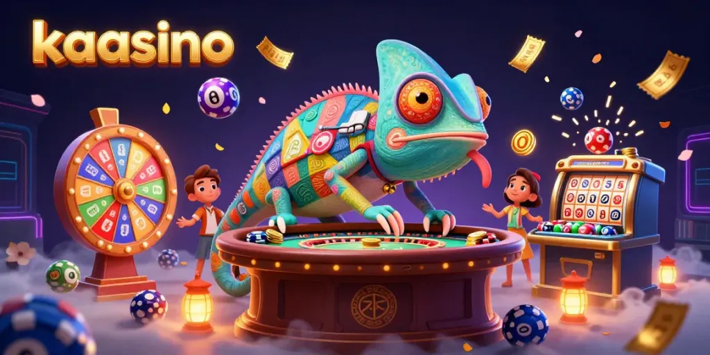Kaasino welcomes players to a vibrant casino scene with a colorful chameleon owner catching golden coins.