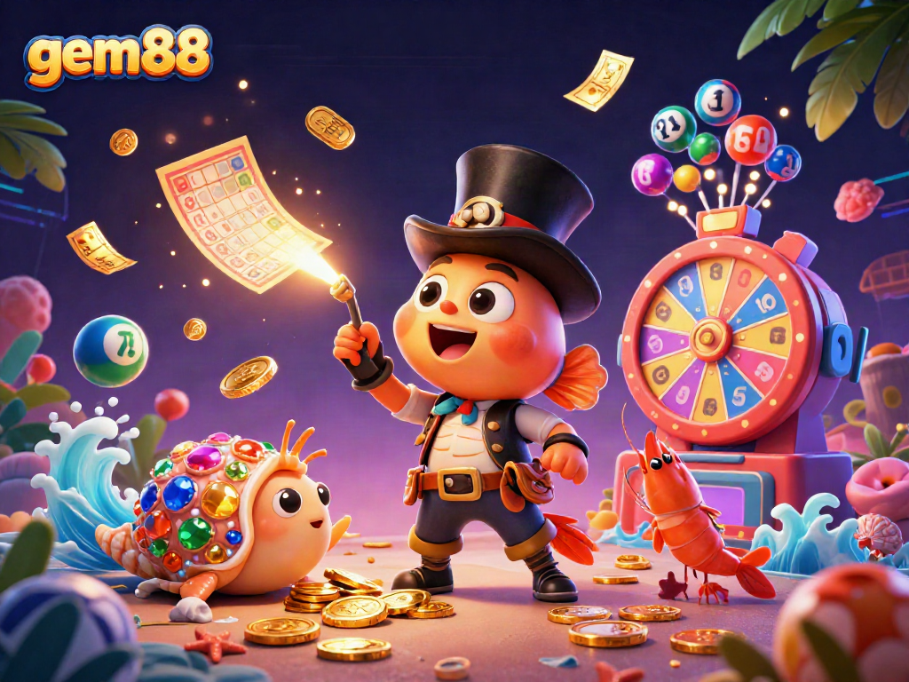 In the thrilling realm of gem88, an anglerfish attracts golden coins in a vibrant underwater scene.