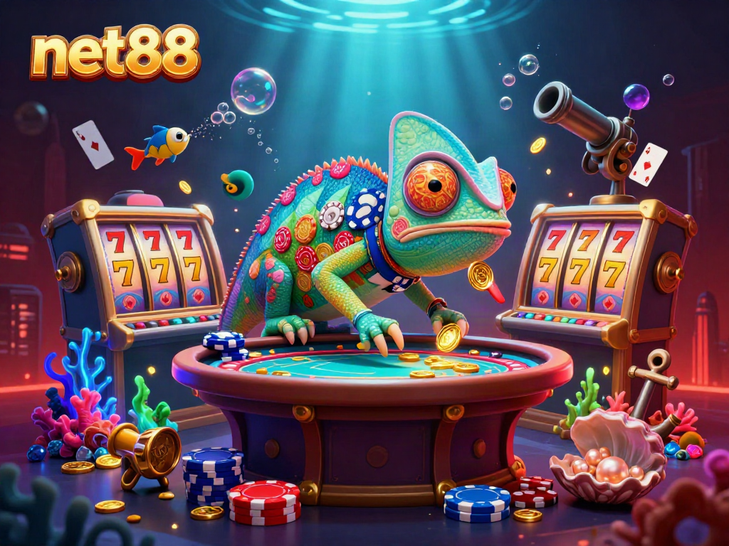 Win big with net88's vibrant chameleon casino scene filled with colorful slots and gold!