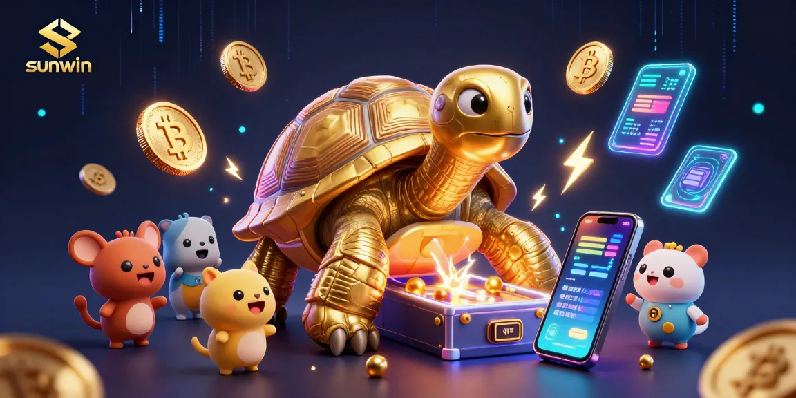Experience thrilling gameplay at sunwin with a vibrant illustration of a gambling-themed tortoise and crypto elements.
