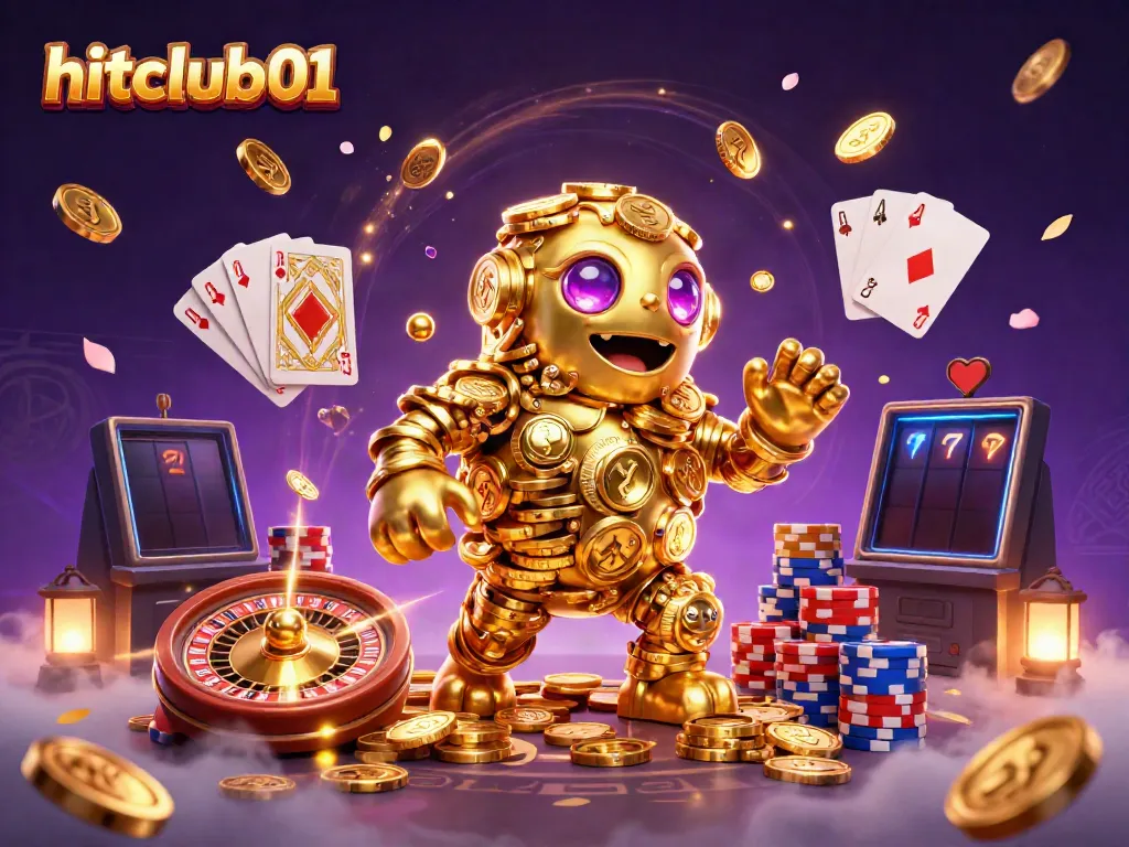 Experience the excitement of hitclub01 with a vibrant, dynamic casino scene featuring a golden golem and casino elements.