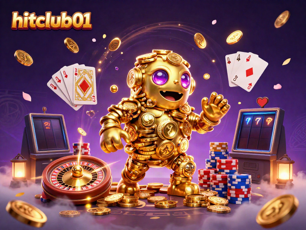 Experience the excitement of hitclub01 with a vibrant, dynamic casino scene featuring a golden golem and casino elements.