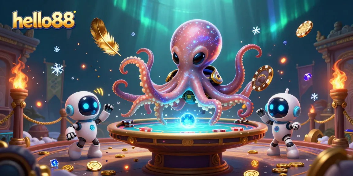 Engage in thrilling gameplay with hello88's dynamic poker game featuring a 3D alien octopus, holographic table, and unique chips.