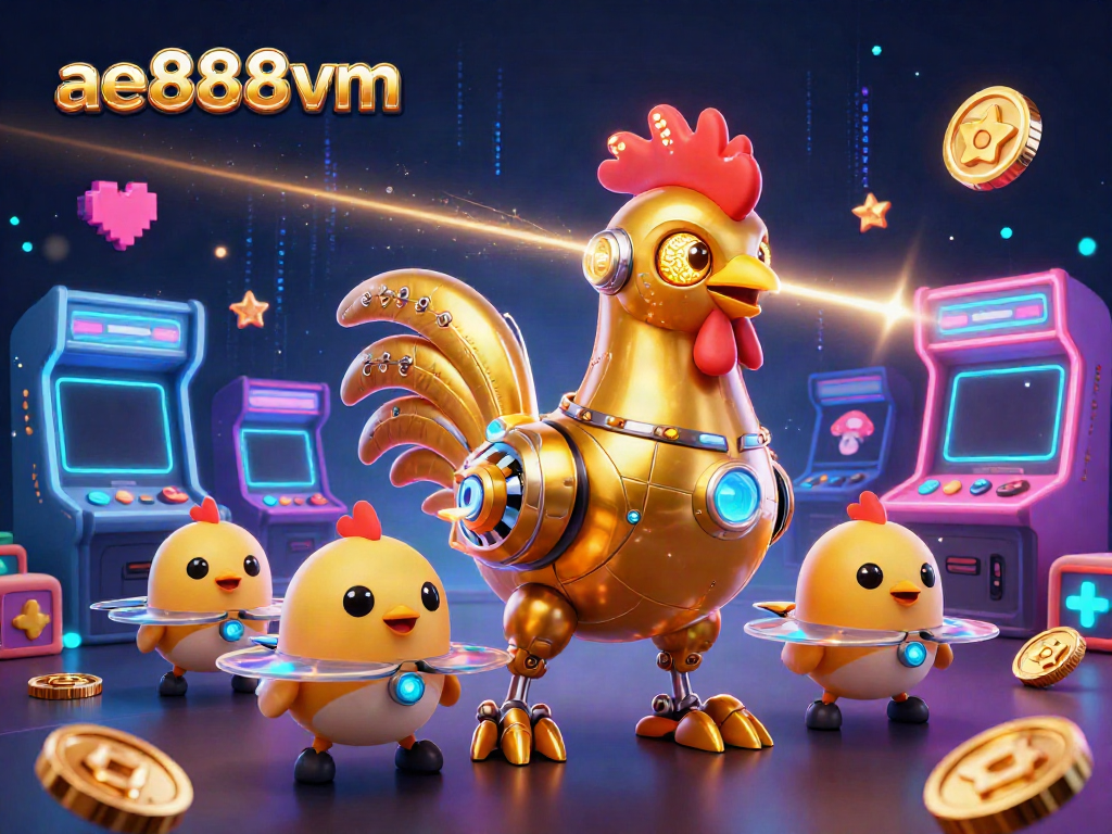 Engage in thrilling gameplay at ae888vm with an electrifying scene of a golden rooster robot and baby chick drones.