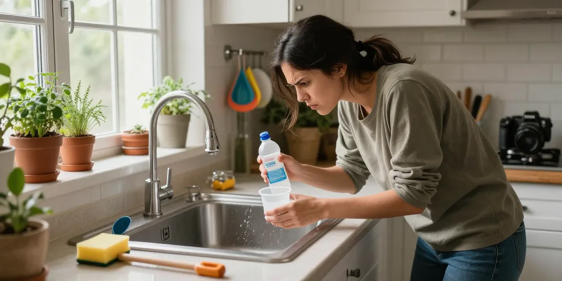 Afvoer verstopt in de keuken, huiseigenaar probeert het probleem op te lossen met huismiddelen zoals baking soda en azijn.