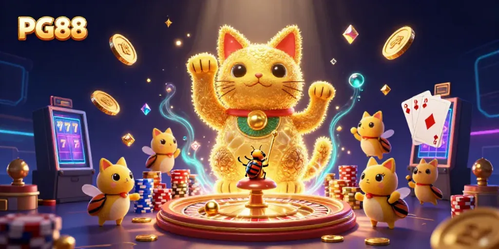 Experience exciting moments at PG88 with golden fireflies and casino elements creating vibrant energy.