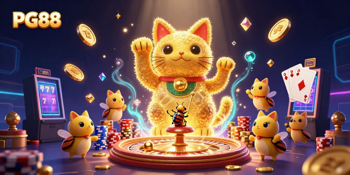 Experience exciting moments at PG88 with golden fireflies and casino elements creating vibrant energy.