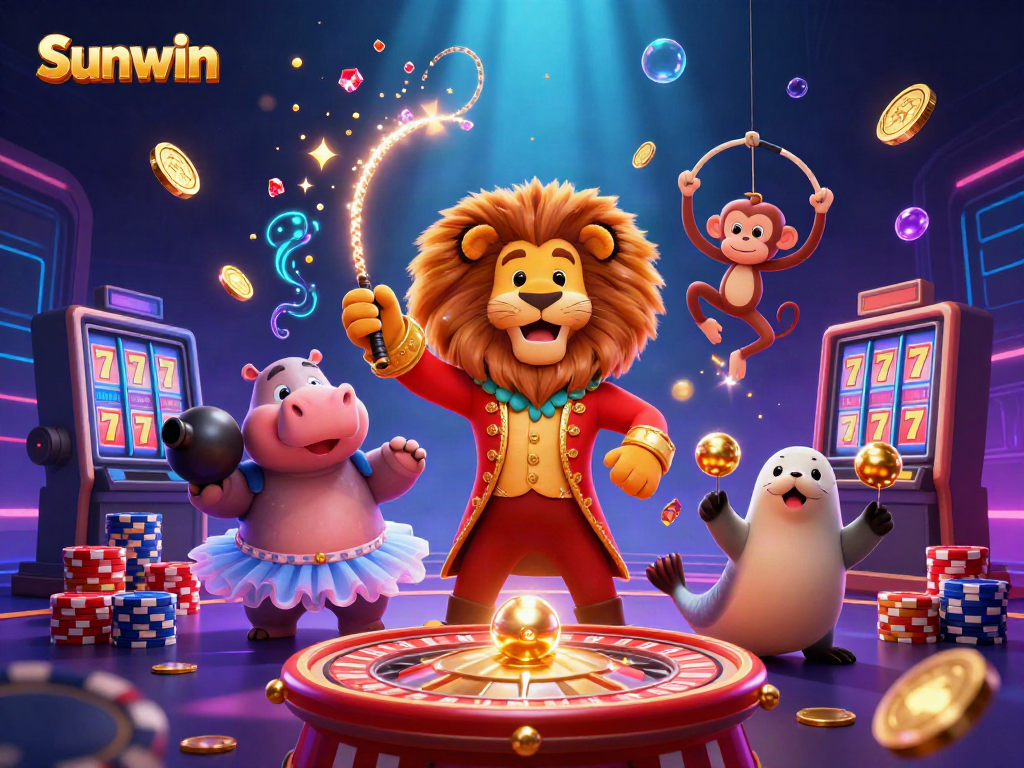 Experience Sunwin’s vibrant gaming world with a whimsical circus scene of characters and casino elements.
