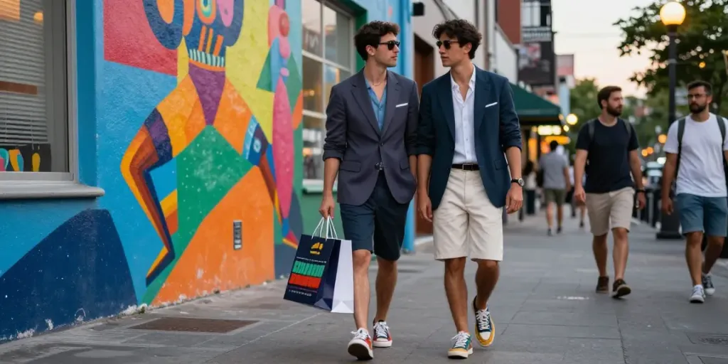 Moderne herenmode in de stad met een man in een stijlvolle zomeroutfit die winkelt.