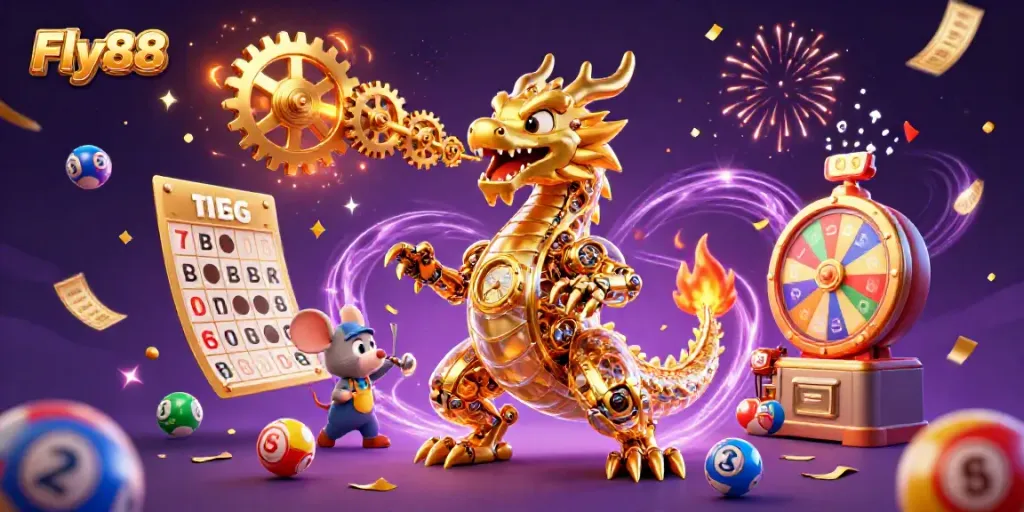 Engage with the vibrant world of Fly88 featuring a golden dragon and colorful lottery elements.