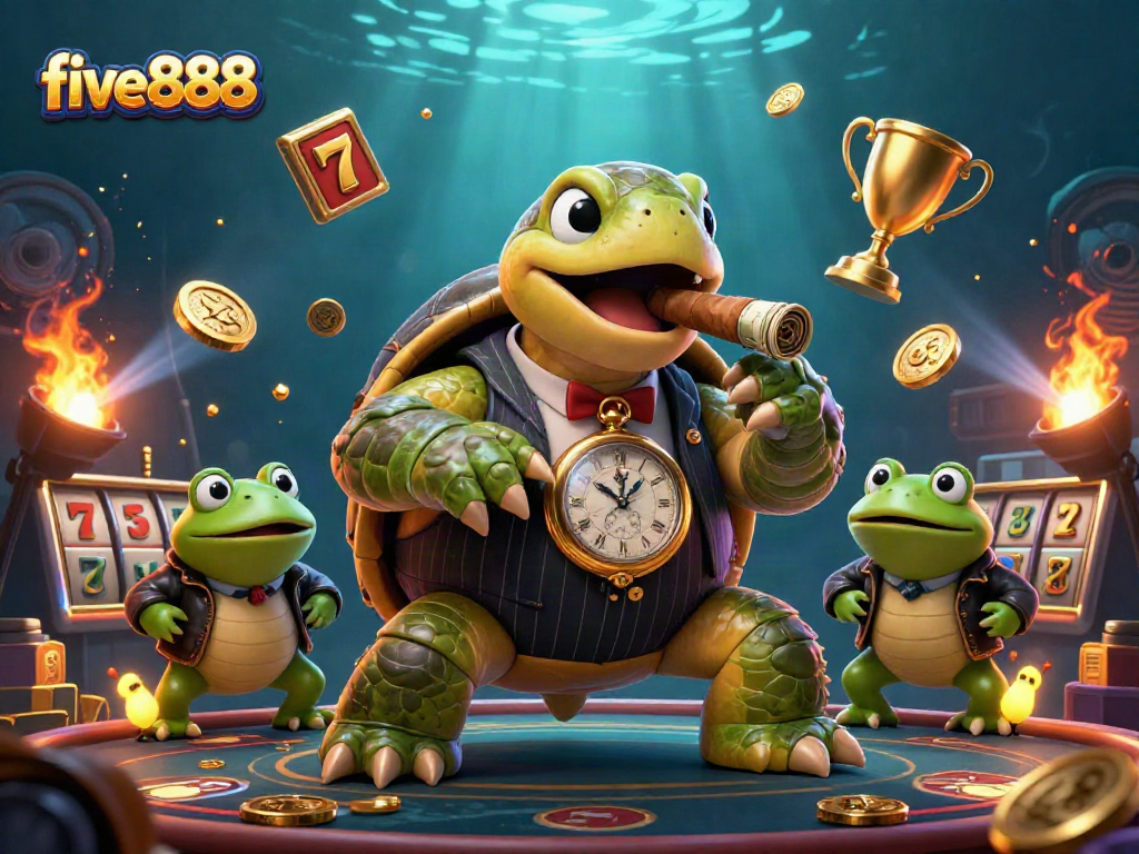 Experience the excitement of five888 in a bustling casino scene with a cartoon turtle in a suit.