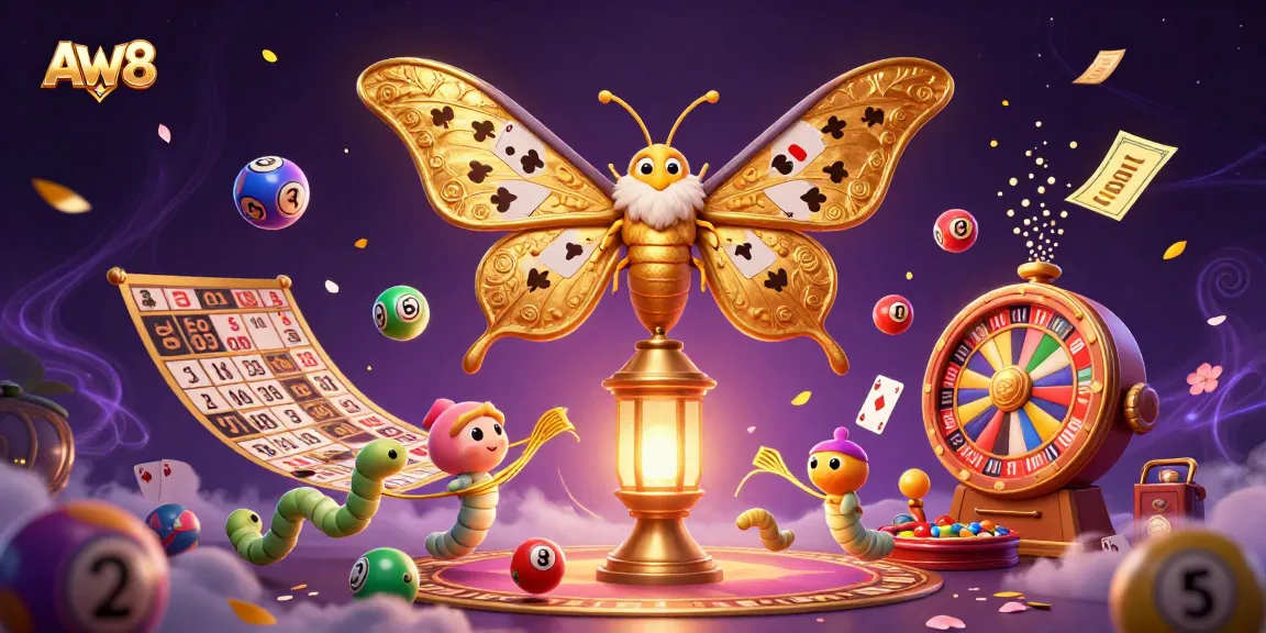 AW8 showcases an immersive live casino scene with colorful elements and a captivating moth illustration.