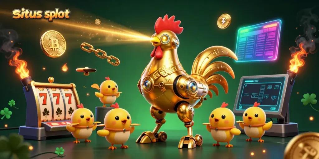 Engage with situs slot and experience a vibrant golden rooster robot and baby chick drones amidst slot game excitement.